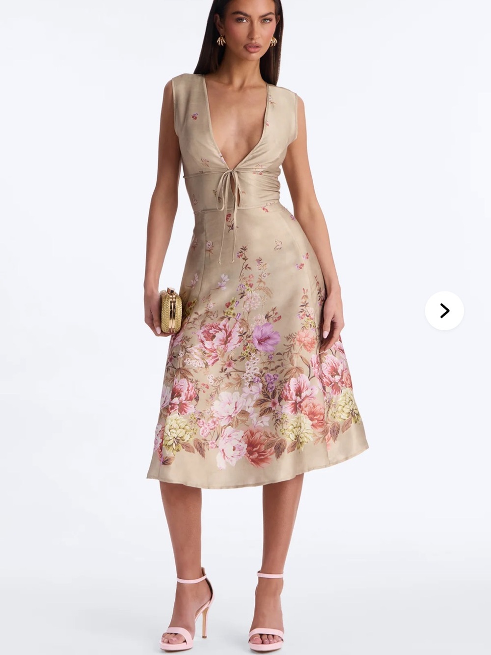 Fashion Nova Beige Floral Tie-Front Midi Dress